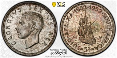 1952 5 Shil 300th Ann. of Capetown KM-41  Ag PR67