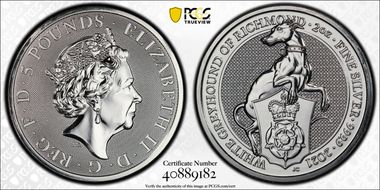 2021 £5 White Greyhound of Richmond Queen's Beasts 2oz Ag MS69