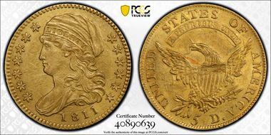 1811 $5 Tall 5 AU58