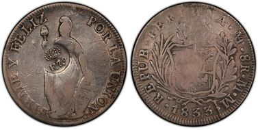 (1832-34) 8 R KM-83 C/M on Peru 8R F15