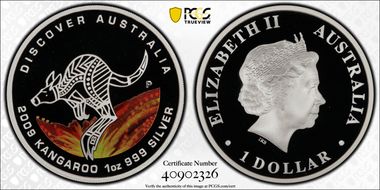 2009-P $1 Kangaroo Ag Colorized Discover Australia, Dreaming PR69DCAM