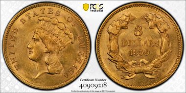 1859 $3 AU58+