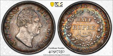 1835.(B) 1/2 Rup SW-1.60 AU58