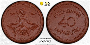 (1921) 40 Pf Scheuch-295a Hamburg Brown Porcelain MS64