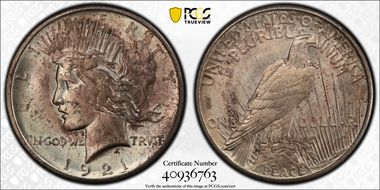 1921 $1 High Relief, Peace MS64