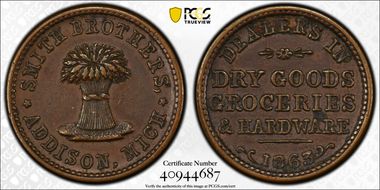1863 Token F-3A-1a Copper PE Smith Brothers AU50BN