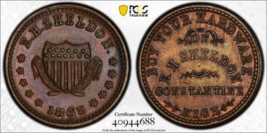 1863 Token F-190A-1a Copper PE E.H. Sheldon MS62BN