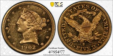 1902-S $5 MS62PL