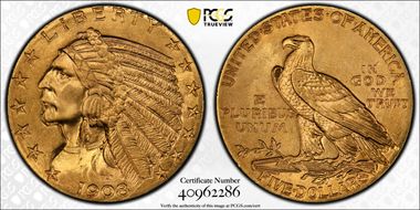 1908 $5 Indian MS64+