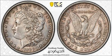 1886-O $1 VAM 1A, Clashed E AU55