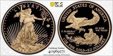 2020-W $50 Gold Eagle - v75 Privy 1 of 1945 Struck First Strike PR70DCAM
