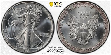1991 $1 Silver Eagle MS68