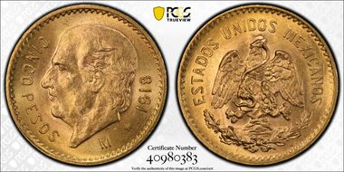 1918-M 5 Peso KM-464  Au MS65