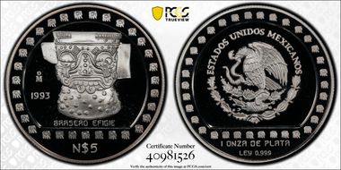 1993-Mo 5 Peso Brasero Efigie T-2 Mo Abv Date, Brilliant Border PR69DCAM