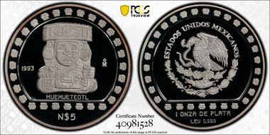 1993-Mo 5 Peso Huehueteotl KM-649  Ag PR69DCAM