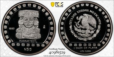 1993-Mo 5 Peso Huehueteotl KM-649  Ag PR69DCAM