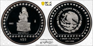 1993-Mo 5 Peso Xochipilli KM-647  Ag PR69DCAM