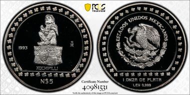 1993-Mo 5 Peso Xochipilli KM-647  Ag PR69DCAM