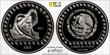 1993-Mo 5 Peso Guerrero Aguila KM-646  Ag PR69DCAM