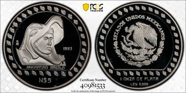 1993-Mo 5 Peso Guerrero Aguila KM-646  Ag PR67DCAM