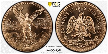 1947 50 Peso New Die Restrike KM-481  Au MS70