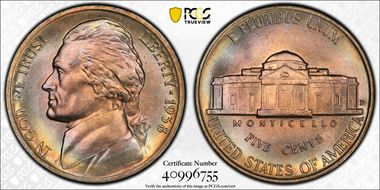 1938-D 5C Jefferson MS67+