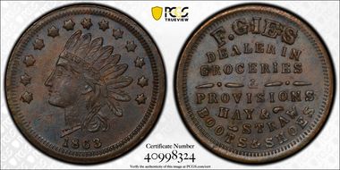 1863 Token F-225AG-3a Copper RE F. Gies MS62BN