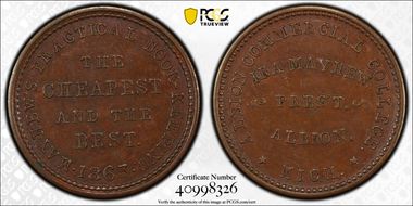 1863 Token F-25A-1a Copper PE Ira Mayhew MS62BN