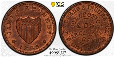 1863 Token F-495A-2a Copper PE James Kennedy MS65RB