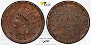 1863 Token F-495A-1a Copper PE James Kennedy MS64BN