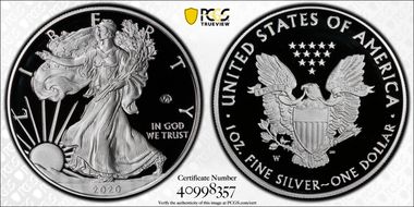 2020-W  $1 Silver Eagle - v75 Privy First Strike PR70DCAM