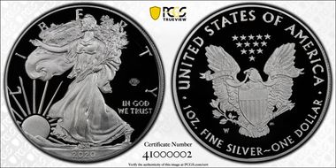 2020-W  $1 Silver Eagle - v75 Privy First Strike PR70DCAM