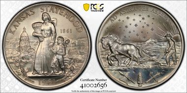 1961 SC50C Kansas Statehood Centennial Ag Heraldic Art Medal MS68