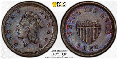 1864 Token F-54/343Aa Copper  Union For Ever MS62BN