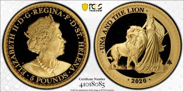 2020 £5 Una and the Lion 1oz Au PR69DCAM