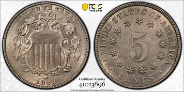 1883 5C Shield - Overdate FS-305 AU58