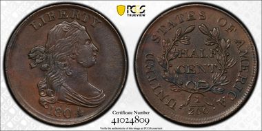 1804 1/2C Plain 4, No Stems AU58BN