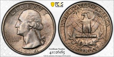 1934 25C Medium Motto, FS-402 AU58