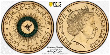 2018 $2 Remembrance Dove Colorized 30th Ann. $2 Coin MS67