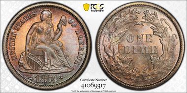 1874-S 10C Arrows MS66+