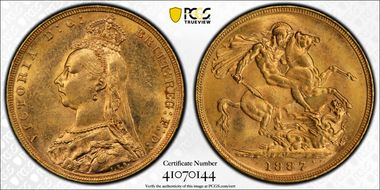 1887-M Sov S-3867A DISH M7 1st Obv Angled J MS62