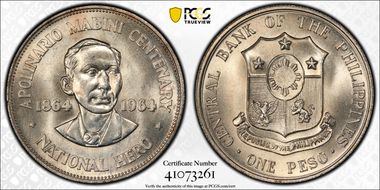 1964 Peso Apolinario Mabini KM-194  Ag MS65