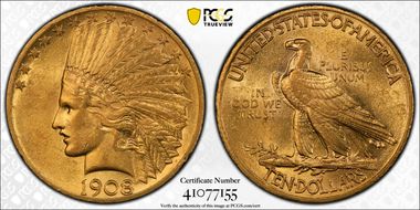 1908 $10 Motto AU58