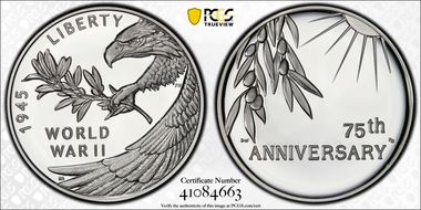 (2020) Medal End of World War II 75th Anniv.  First Strike PR70DCAM