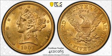 1907 $5 MS62