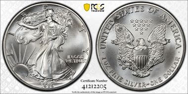 1989 $1 Silver Eagle  Mercanti Flag Signature MS70