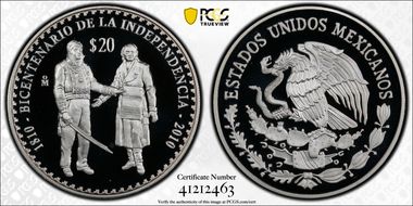 2010-Mo 20 Peso Morelos & Hidalgo Bicentenary of Independence PR68DCAM