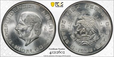 1956-Mo 10 Peso Hildago KM-474  Ag MS66