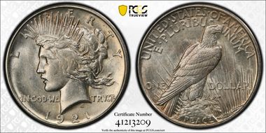 1921 $1 VAM 1H, Polishing Lines Peace AU58