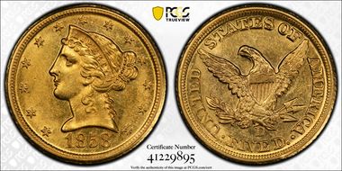 1858-D $5 MS62+